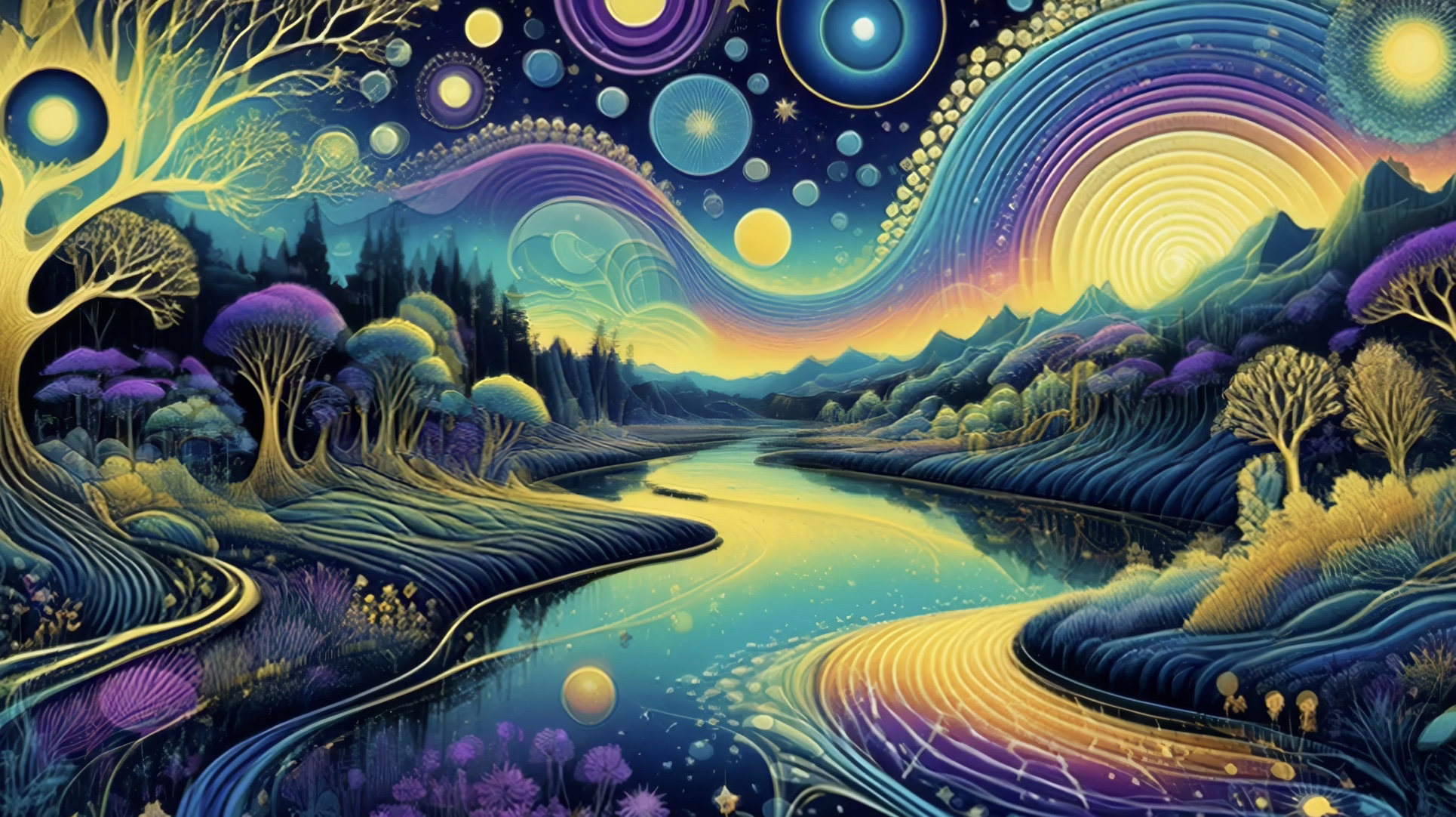 Psychedelic screensaver for shroom trips with glowing river beneath cosmic orbs in the sky